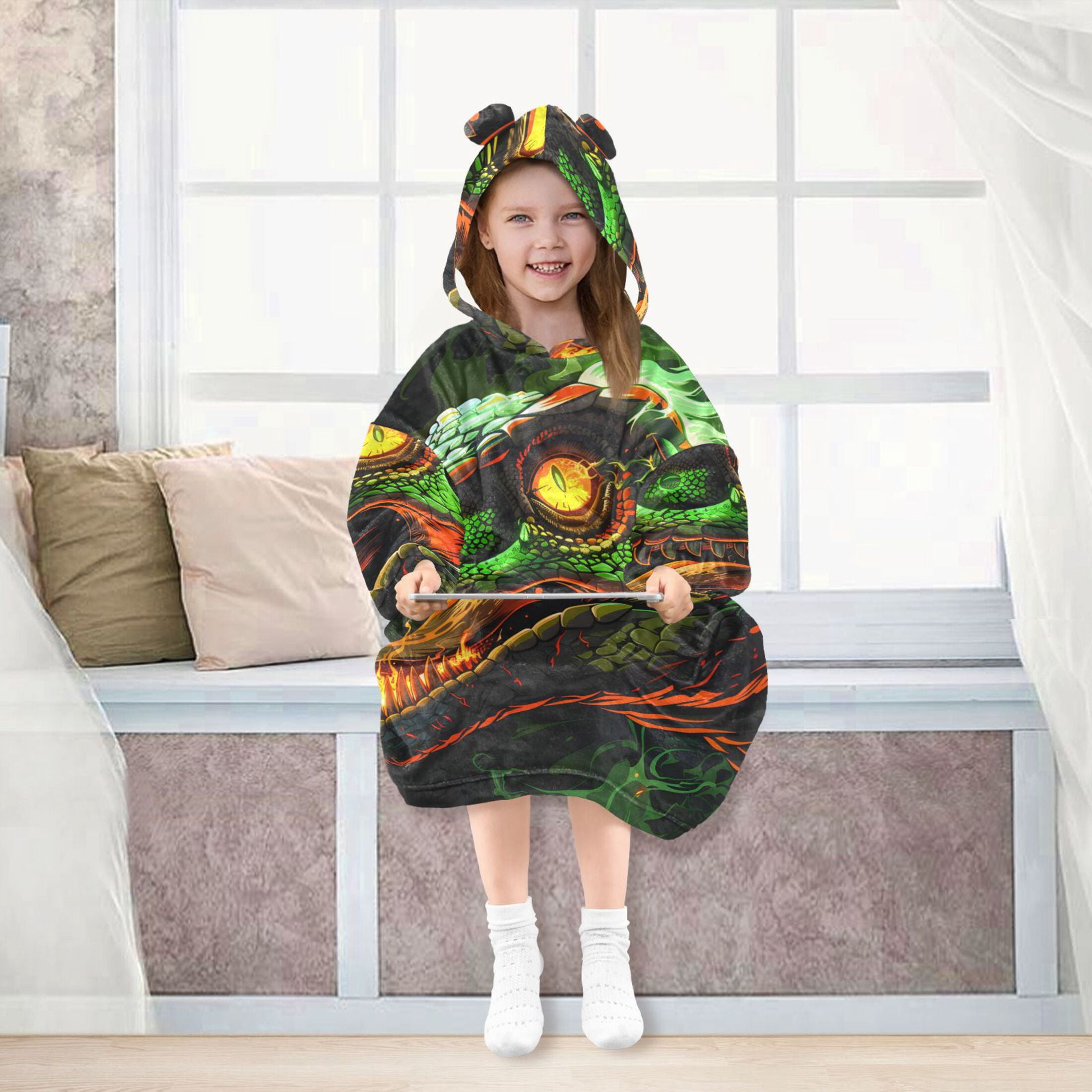 joogoo Wearable Blanket Hoodie for Kids Dinosaur with Fire Flannel Oversized Sweatshirt 3-14 Years M
