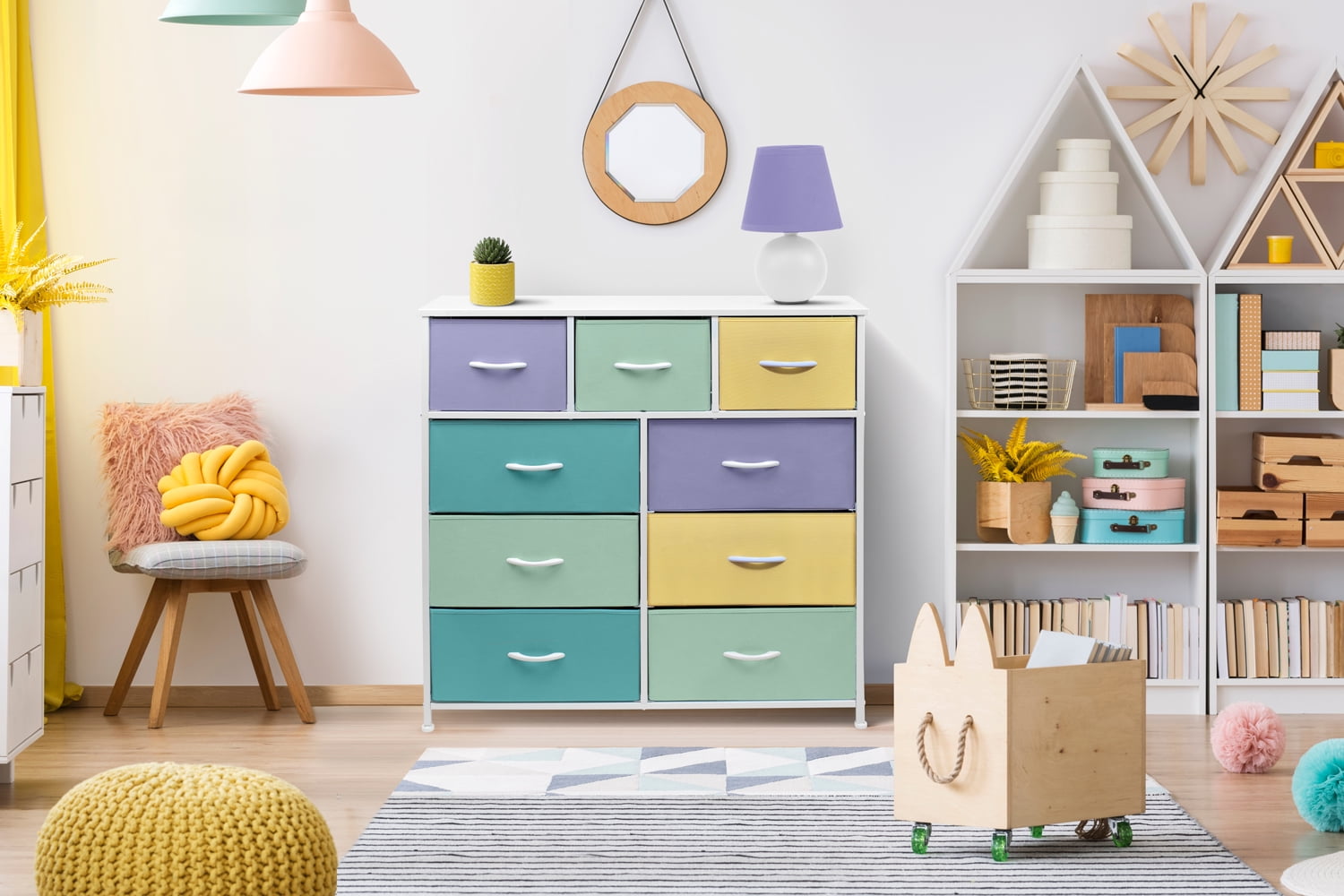 Sorbus 9-Drawer Dresser Nightstand End Table, Steel Frame, Wood Top, Multi Pastel
