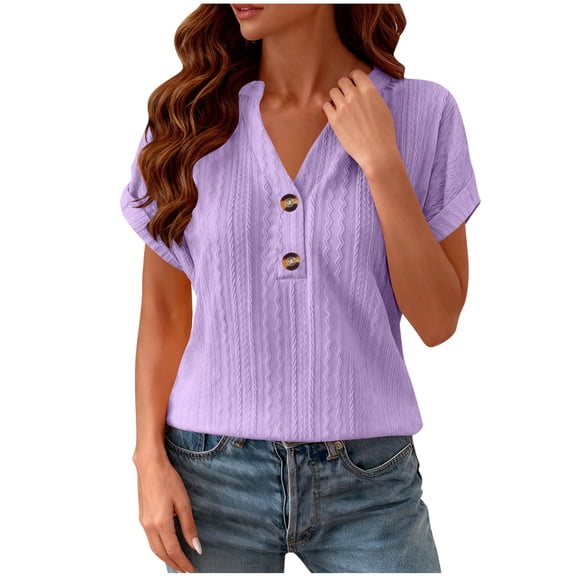 AKOEE Short Sleeve Tops for Women Button V Neck Plain Tshirts Casual T-Shirts Summer Basic TeeS (XL, Purple)