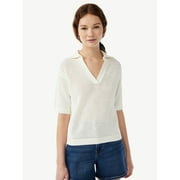 Free Assembly Women's Crochet Polo Sweater with Short Sleeves