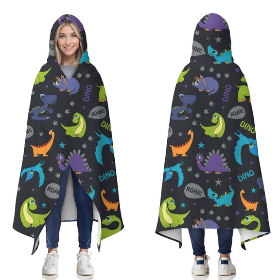 Wearable Blanket,DarkBlue Cartoon Dinosaurs Text Pattern Hooded Wearable Flannel Blanket for Adults & Teens,Winter Poncho Shawl Wrap Cape Cozy Anti-Pill,50"x60"