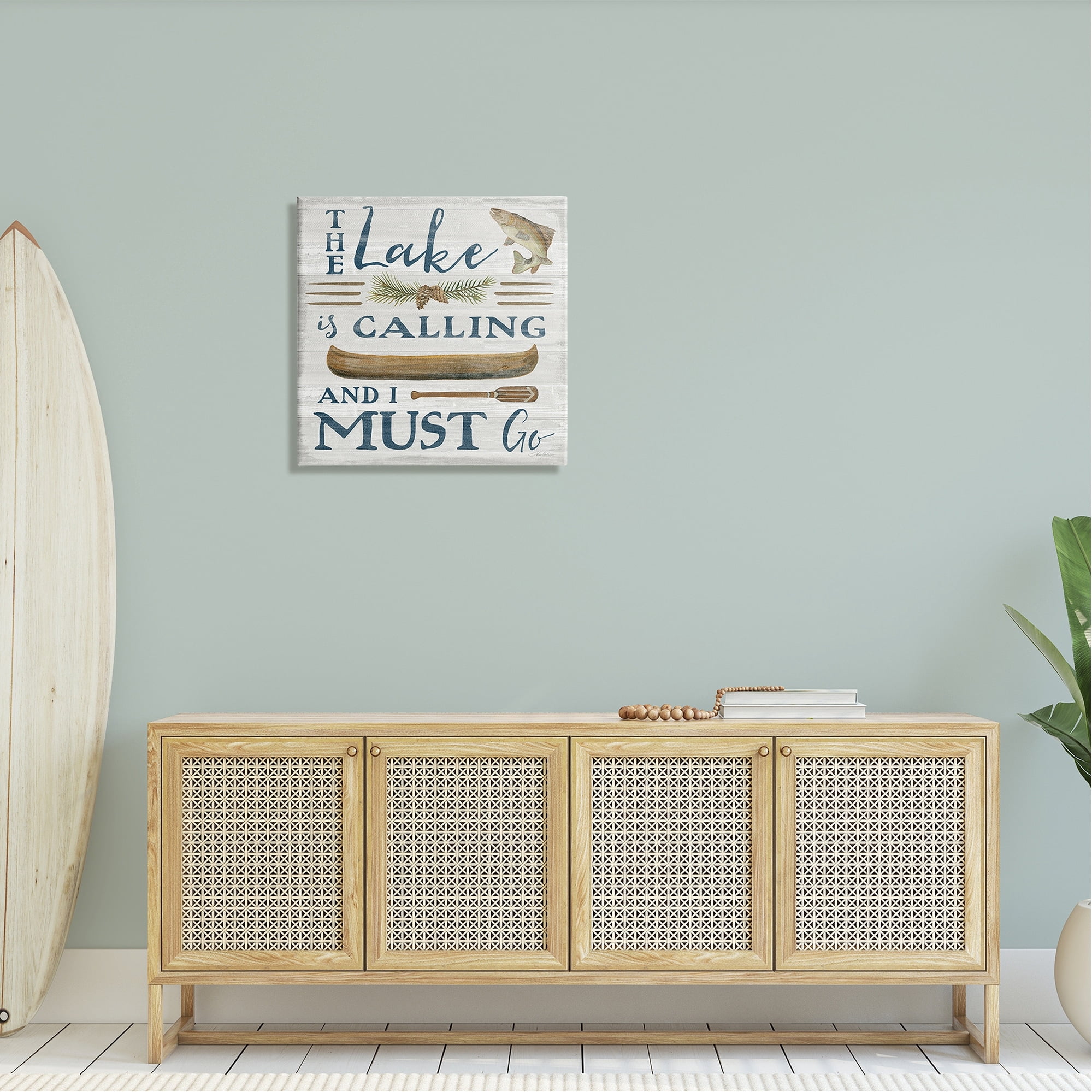Stupell Industries Lake Is Calling Quote Pinecone Botanical Rustic Canoe Graphic Art Gallery-Wrapped Canvas Print Wall Art, 24x24, by Silvia Vassileva