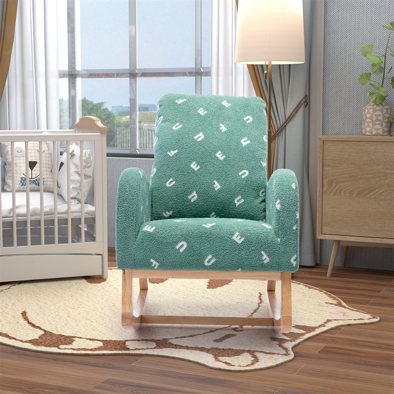 Rocking Chair for Nursery, Modern Upholstered Rocker Chair with High Back and Side Storage Pocket, Comfy Leisure Accent Armchair for Bedroom, Living Room and Balcony, Green