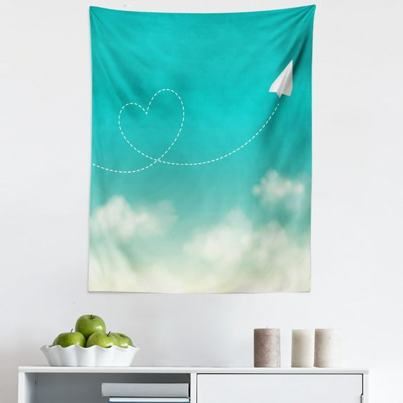 Cloud Tapestry, Paper Plane with a Heart Flight Path Floating over the Clouds Romantic, Fabric Wall Hanging Decor for Bedroom Living Room Dorm, 5 Sizes, Sea Green Mint Green, by Ambesonne