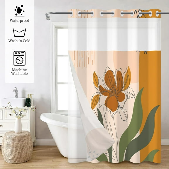 MIZHONA No Hook Boho Shower Curtain with Snap in Liner,Vintage Floral Bathroom Curtain,71"× 74"