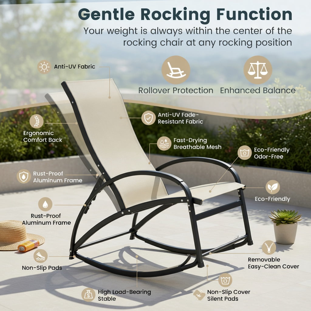 Hommoo 2-in-1 Aluminum Rocking Lounge Chair, 4-Position Adjustable Backrest, Weather-Resistant Patio Chair for Porch, Poolside & Balcony, Beige