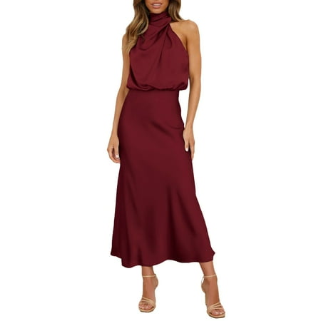 snowsong Maxi Dress Flowy Dresses Women s Summer Long Formal Satin Dress Mock Neck Sleeveless Side Slit Flowy Maxi Tank Dresses Women Dresses Elegant Dresses Vintage Dress Red Dress M