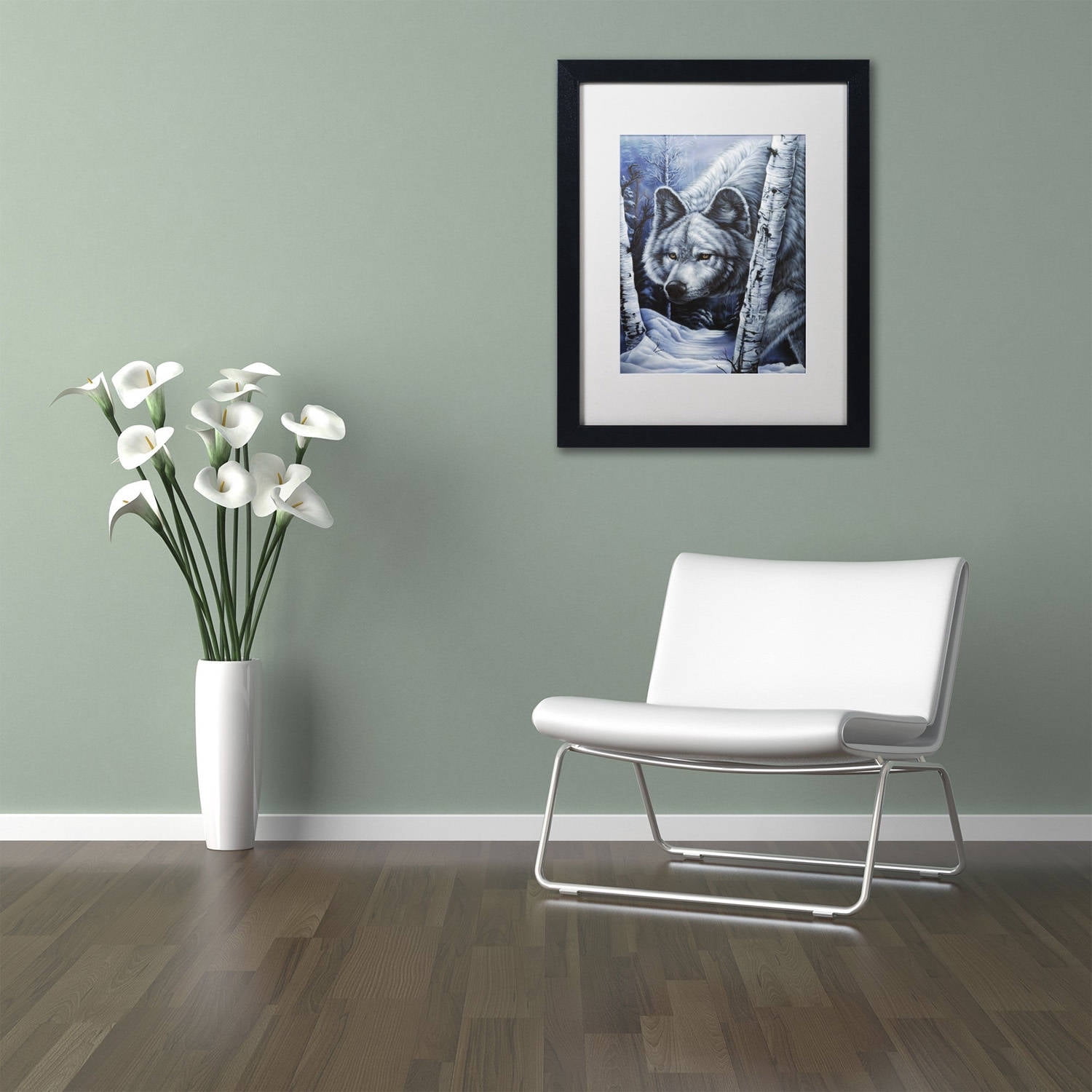 Trademark Fine Art 'White Wolf' Canvas Art by Jenny Newland, White Matte, Black Frame