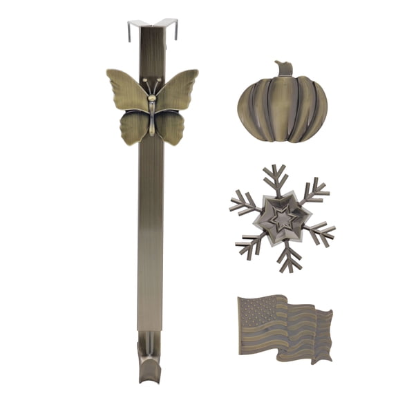 Haute Decor Adapt™ Adjustable Wreath Hanger, Top & Length Adjustable with 4 Interchangeable Icons - Antique Brass