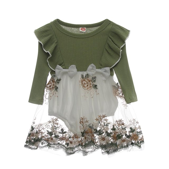 Gibobby Mameluco polar con estampado floral de manga larga para niñas pequeñas, monos para recién nacidos, vestido de tul, conjunto de diademas con(Verde, 3-6 Meses)