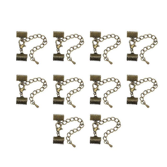 10 Pcs 10mm Plated Ribbon Ends Fastener Clasps Textured Crimp End Clamps Cord Ends Buckles Zipper Clips DIY Jewelry Accessories (Bronze, 5cm Chain,12m
