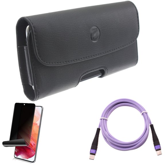 Purple 10ft PD Cable w Case Belt Clip w Privacy Screen Protector for Samsung Galaxy S21 Plus - Type-C to USB-C Fast Charger Cord, Leather Holster, TPU Film Fingerprint Works Accessory Bundle