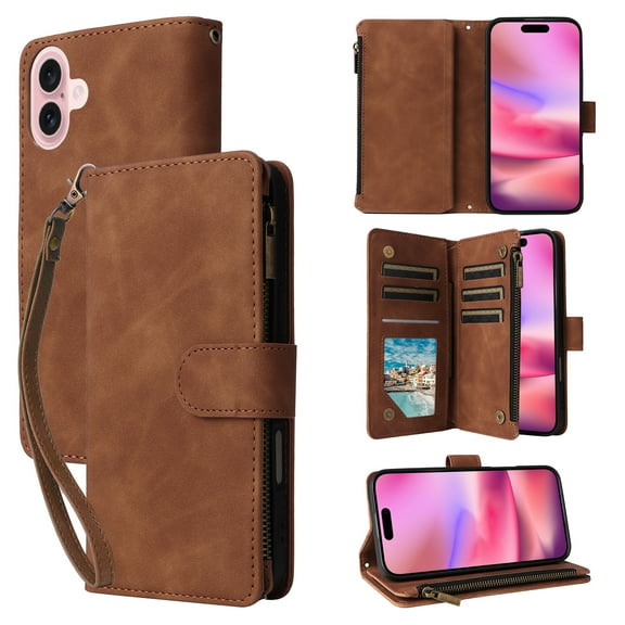 ELEHOLD Case for iPhone 16 Plus, PU Leather Zipper Wallet Flip Folio Case with Card Holder & Wrist Strap & Stand,Brown