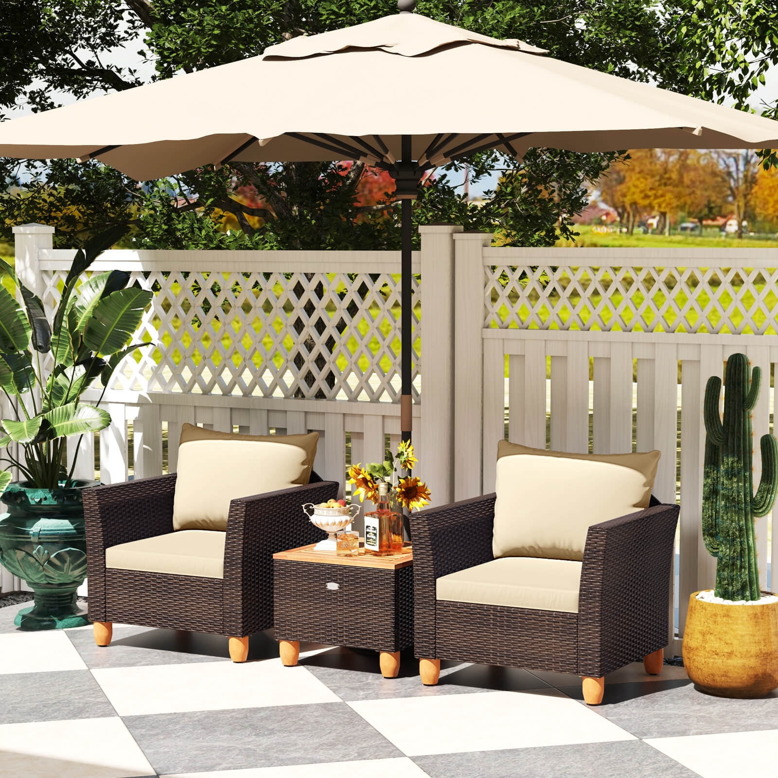 Costway 3PCS Patio Wicker Rattan Sofa Set Furniture Outdoor Acacia Wood Conversation Brown