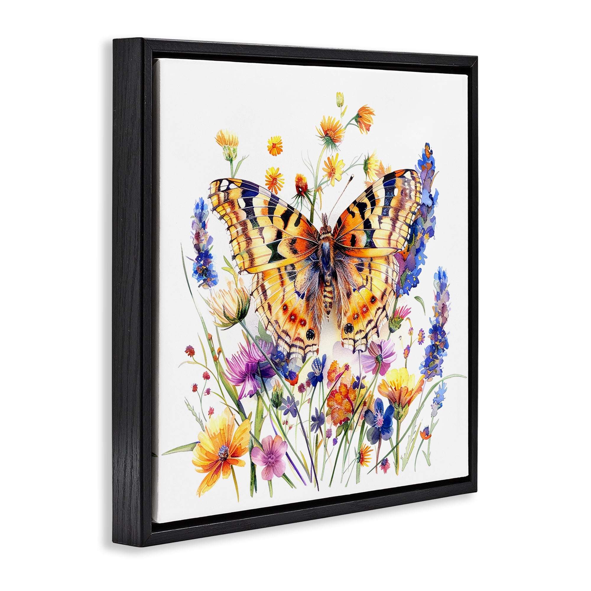 Stupell Industries Garden Flowers & Butterfly Insects Painting Black Floater Framed Canvas Art Print Wall Art, 18 x 18