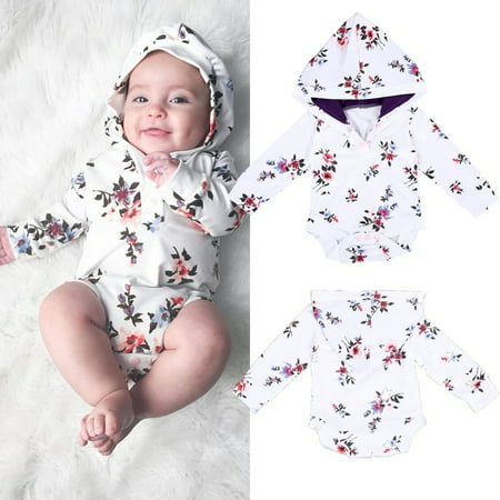 Cute Newborn Infant Baby Boy Girl Floral Romper Hooded Hoodie Bodysuit Jumpsuit Clothes 0-18M