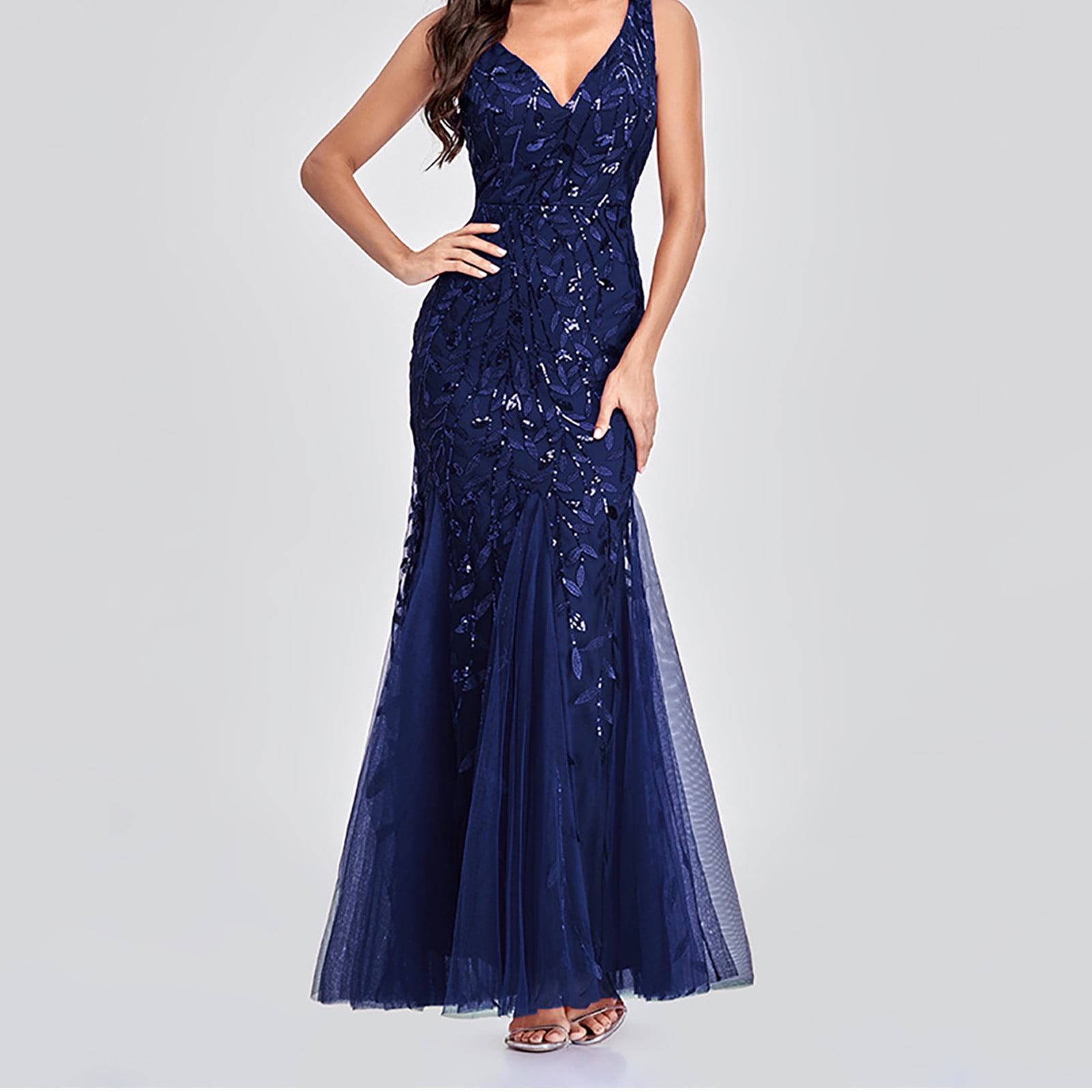 Womens Luxurious Sequins Formal Evening Dress Elegant Sleeveless Mermaid Tulle Floor Lenght Party Cocktail Dresses