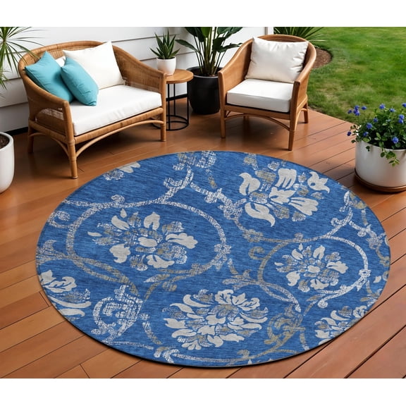 8' Navy Blue And Silver Round Floral Washable Indoor Outdoor Area Rug