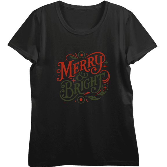 Merry & Bright Text Women's Black Crew Neck Short Sleeve Crop Tee-Medium