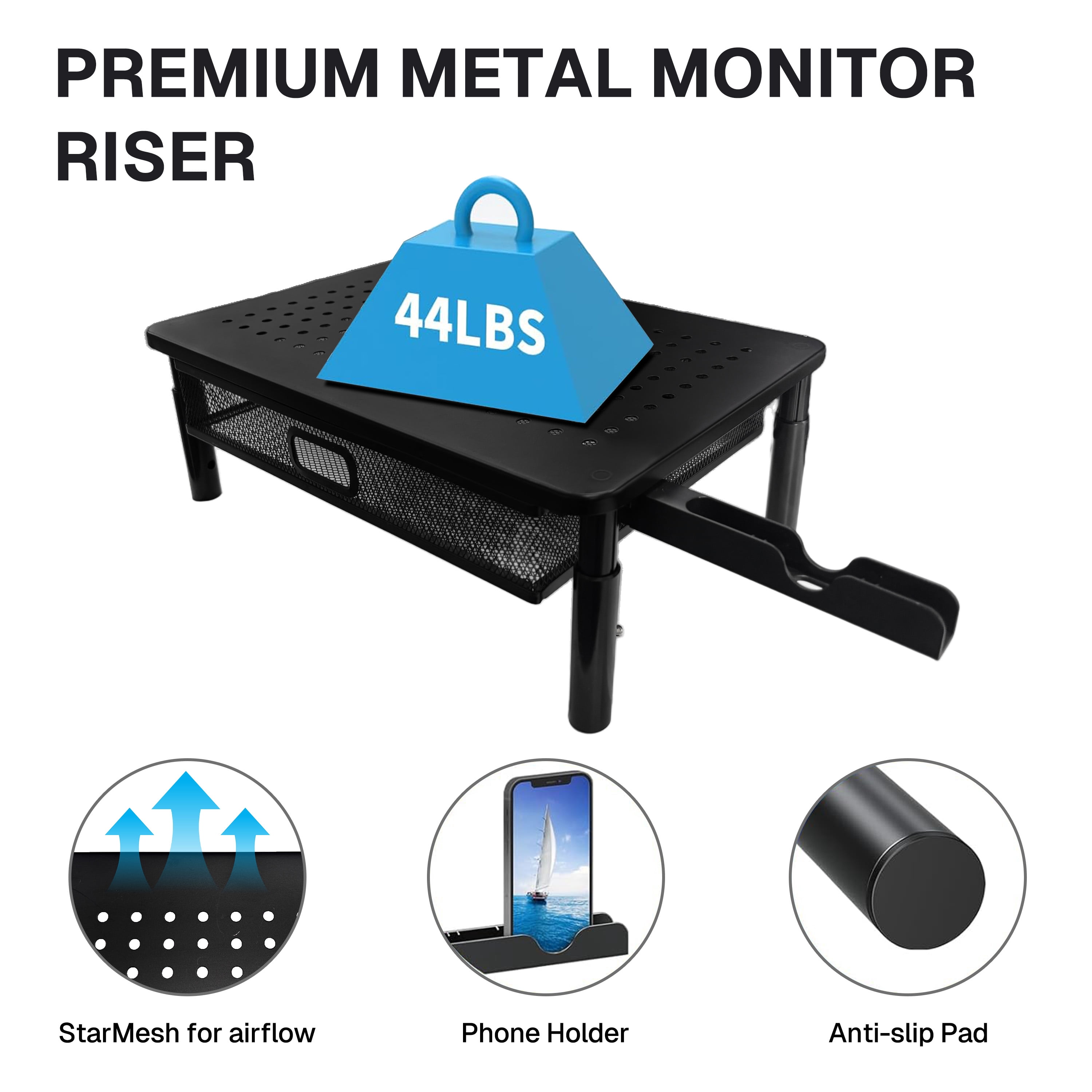 Behome Monitor Stand, Desk Monitor Riser 3 Height Adjustable, Laptop Riser with Airflow Vents, Desktop Stand for Computer, Printer, Monitor, Laptop, Black Steel, 14.57 in