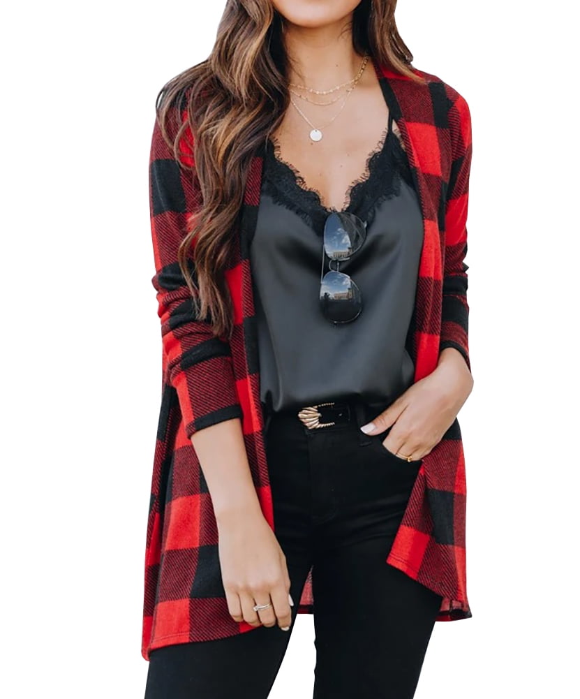 Plaid Open Front Long Sleeve Cardigan