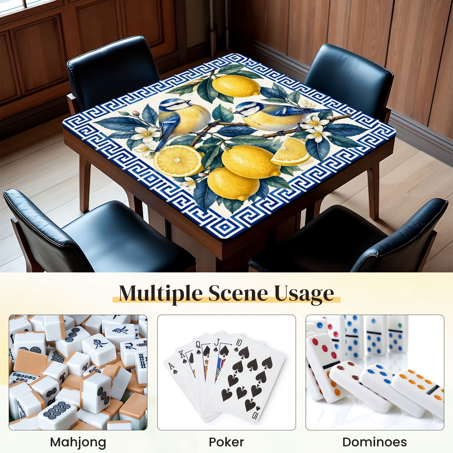 Mahjong Mat 31.5" x 31.5" Blue Tits Birds Perched Lemon Branches Blossoms Vibrant Botanical Non-Slip Noise Reduction Mahjong Tiles Table Cover for Dominoes Poker Card Board and Tile Games