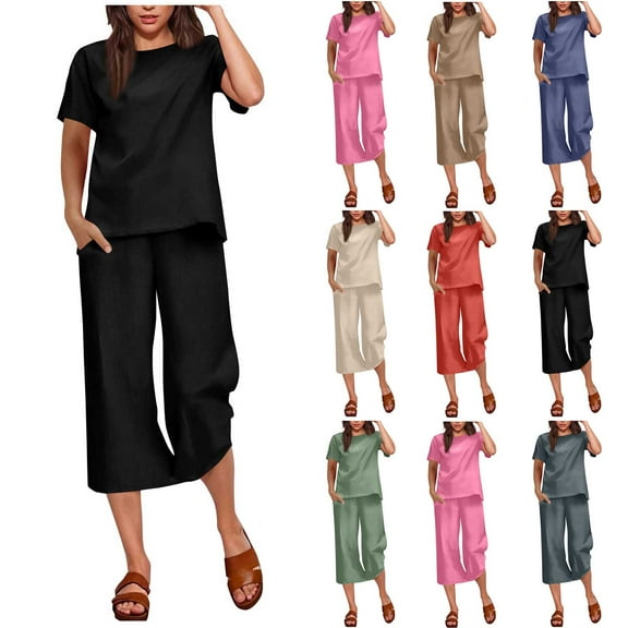 Horkkom Linen Sets for Women 2 Piece Summer Travel Vacation Outfits Two Piece Sets Crew Neck Short Sleeve Shirts Elastic Waist Capris Pants 2 Piece Sets Black S