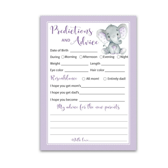 PURPLE ELEPHANT Prediction and Advice Cards - Pack of 25 - Girl Boy Baby Shower Games, New Parents, Mom & Dad to be, Mommy & Daddy Message, Couples Coed Shower Activity Keepsake Book G503-PDAV