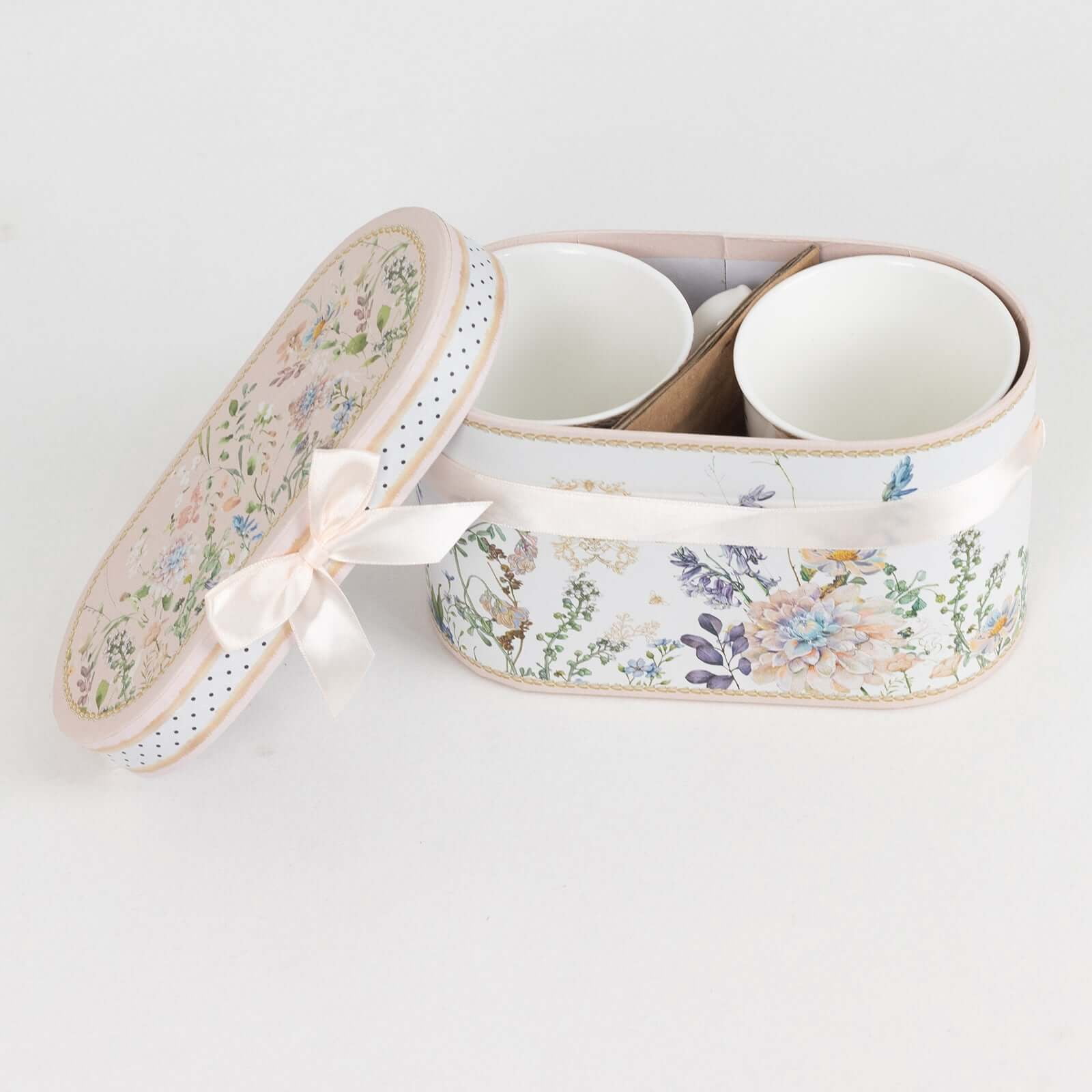 Efavormart 2 Pack Blush Floral Design Porcelain Coffee Mugs With Gift Box and Satin Ribbon Handle, Bridal Shower Gift Set