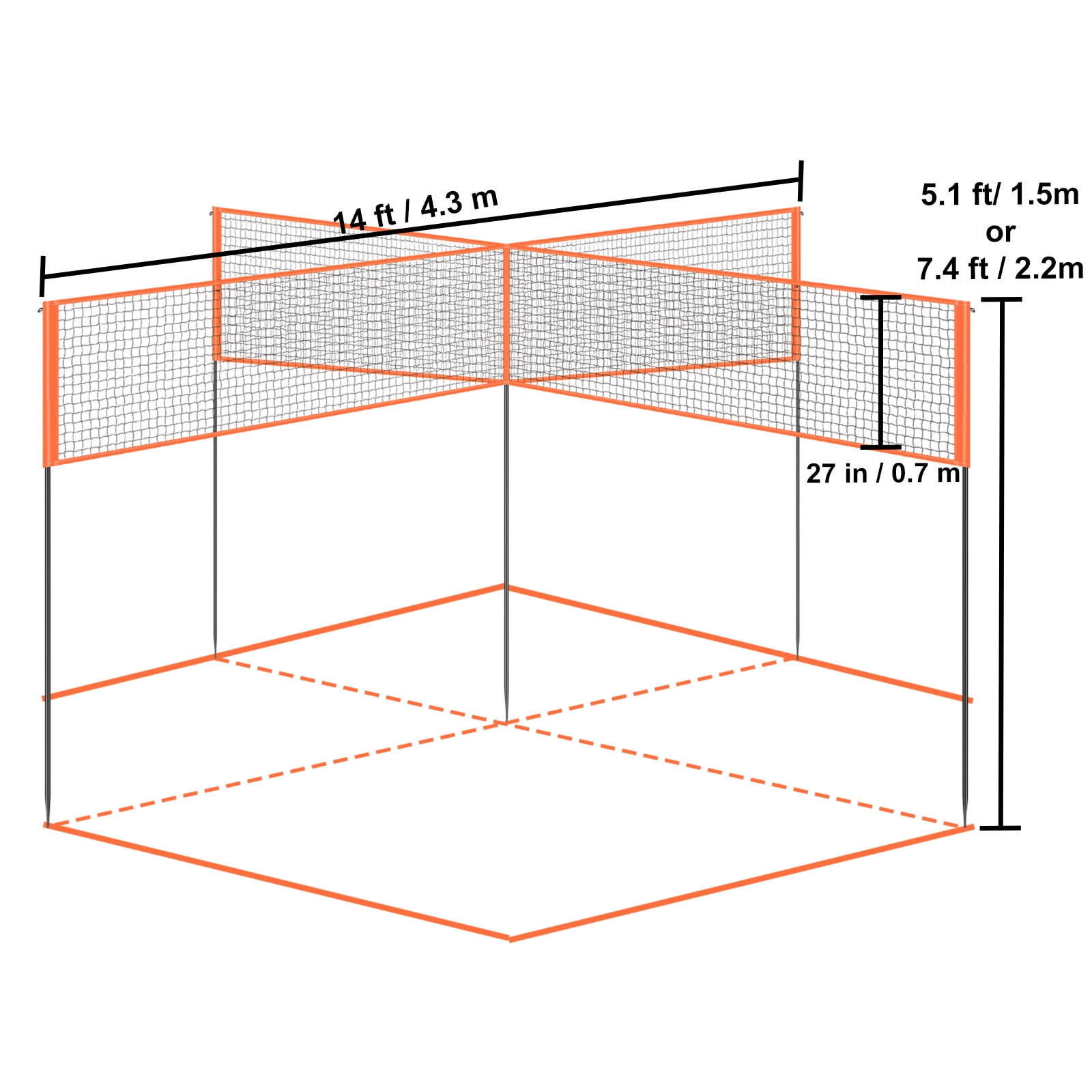 KFFKFF 14x14ft Four Square Volleyball Net Set, 4-Way Steel Poles Portable Badminton Volleyball Nets w/Carrying Bag & 8.5in PVC Volleyball for Backyard, Beach, Lawn