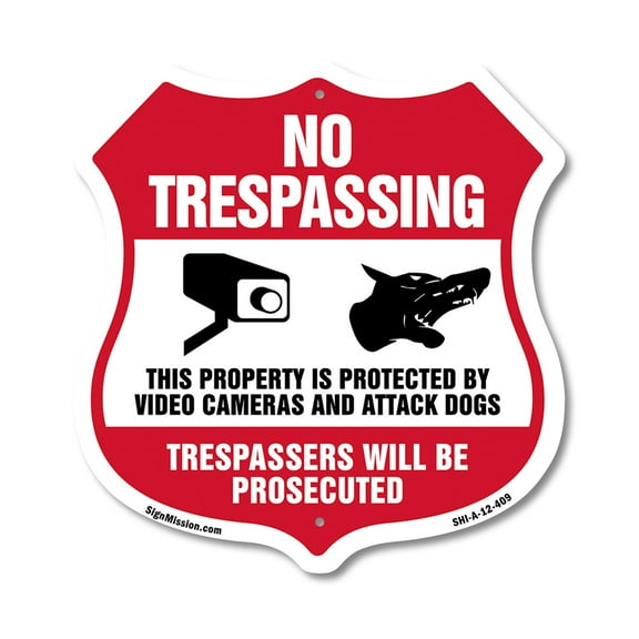 No Trespassing This Property Is Protected By Video Cameras And Attack Dogs Trespassers Will Be Prosecuted 12 inch X 12 inch Shield-Shaped Rust-Free Aluminum Metal Sign Made in the USA
