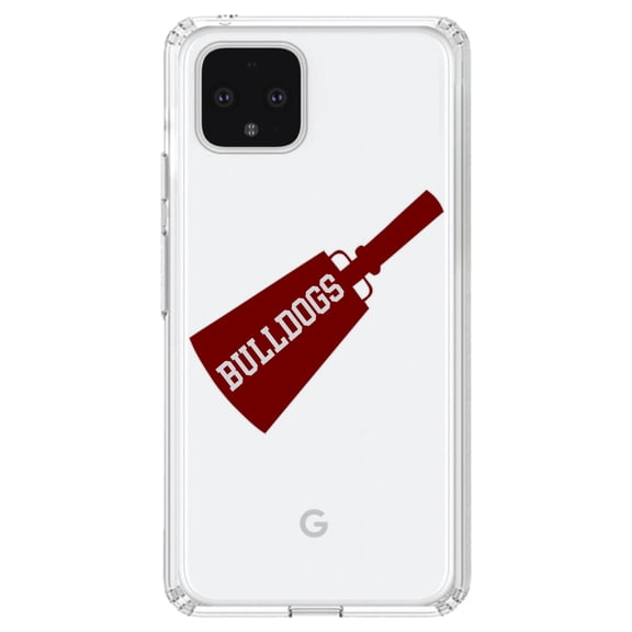 DistinctInk Clear Shockproof Hybrid Case for Google Pixel 4 XL (6.3" Screen) - TPU Bumper, Acrylic Back, Tempered Glass Screen Protector - Bulldogs Cowbell - Maroon, Gray