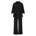 thumbnail image 4 of FRSASU Women's Casual Trouser Suits 3/4 Sleeve Turn Down Collar Button Pleated Top Loose Wide Leg Pants Solid Sets with Pocket Black M(M), 4 of 9
