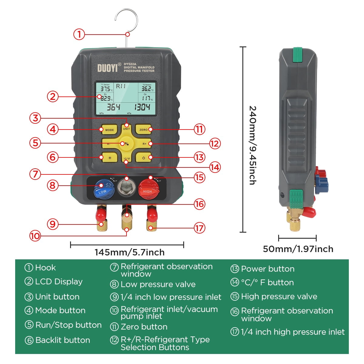 DUOYI 522A Digital Manifold Gauge Set, HVAC Vacuum Pressure&Temperature Tester, Air Conditioning Tools & Equipment