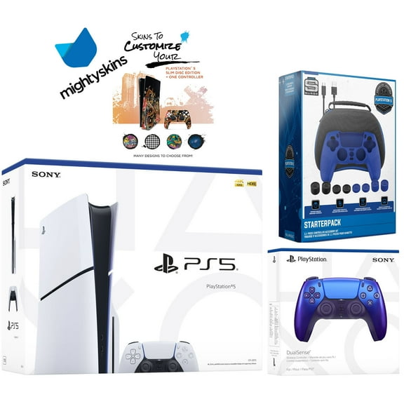 Sony PlayStation 5 Slim Disc with Extra Chroma Indigo Controller, Pro Gamer Starter Kit and MightySkins Decal Voucher
