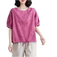 thumbnail image 1 of Timegard Womens Short Sleeve Tops Cotton Linen Round Neck Bottom Drawstring Back Button Casual Loose Tops, 1 of 6