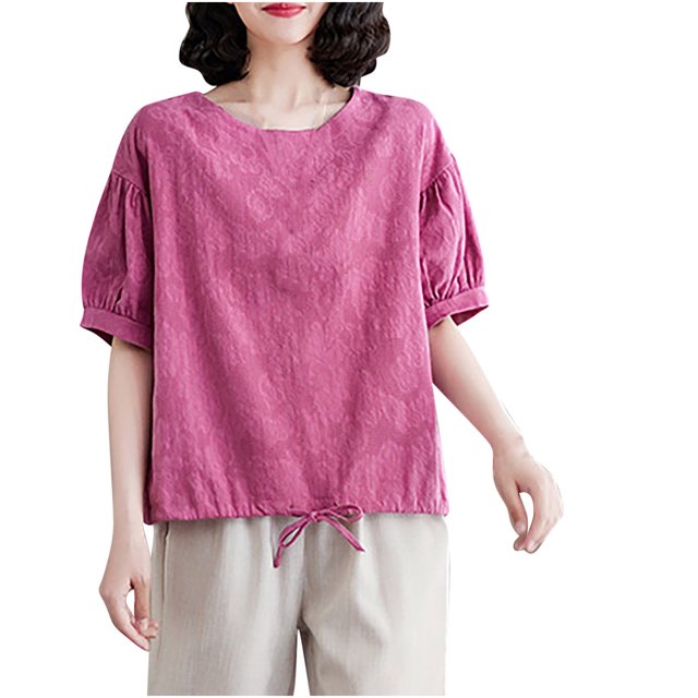 Timegard Womens Short Sleeve Tops Cotton Linen Round Neck Bottom Drawstring Back Button Casual Loose Tops