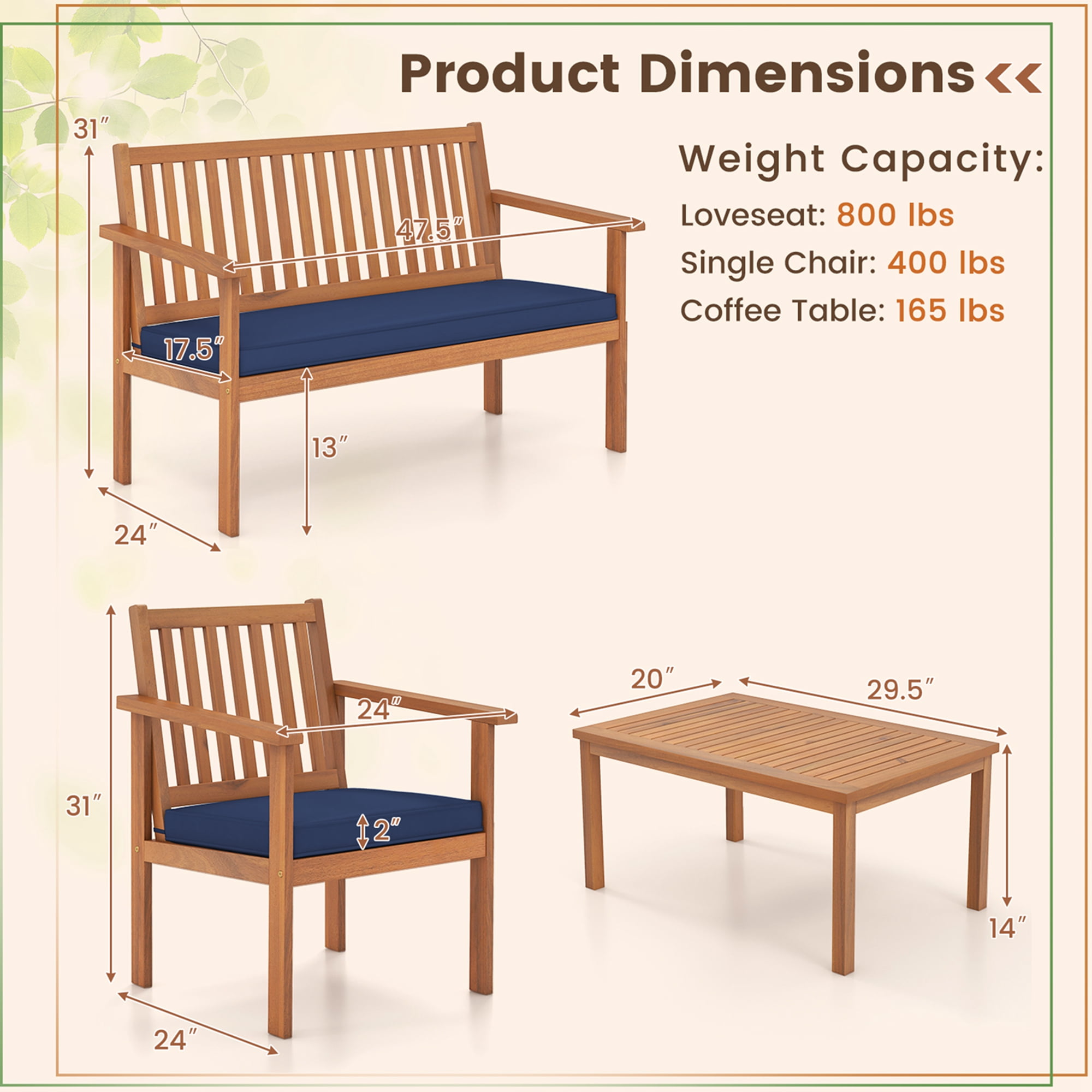 Costway 4 PCS Patio Wood Furniture Set with Loveseat, 2 Chairs & Coffee Table for Porch Navy