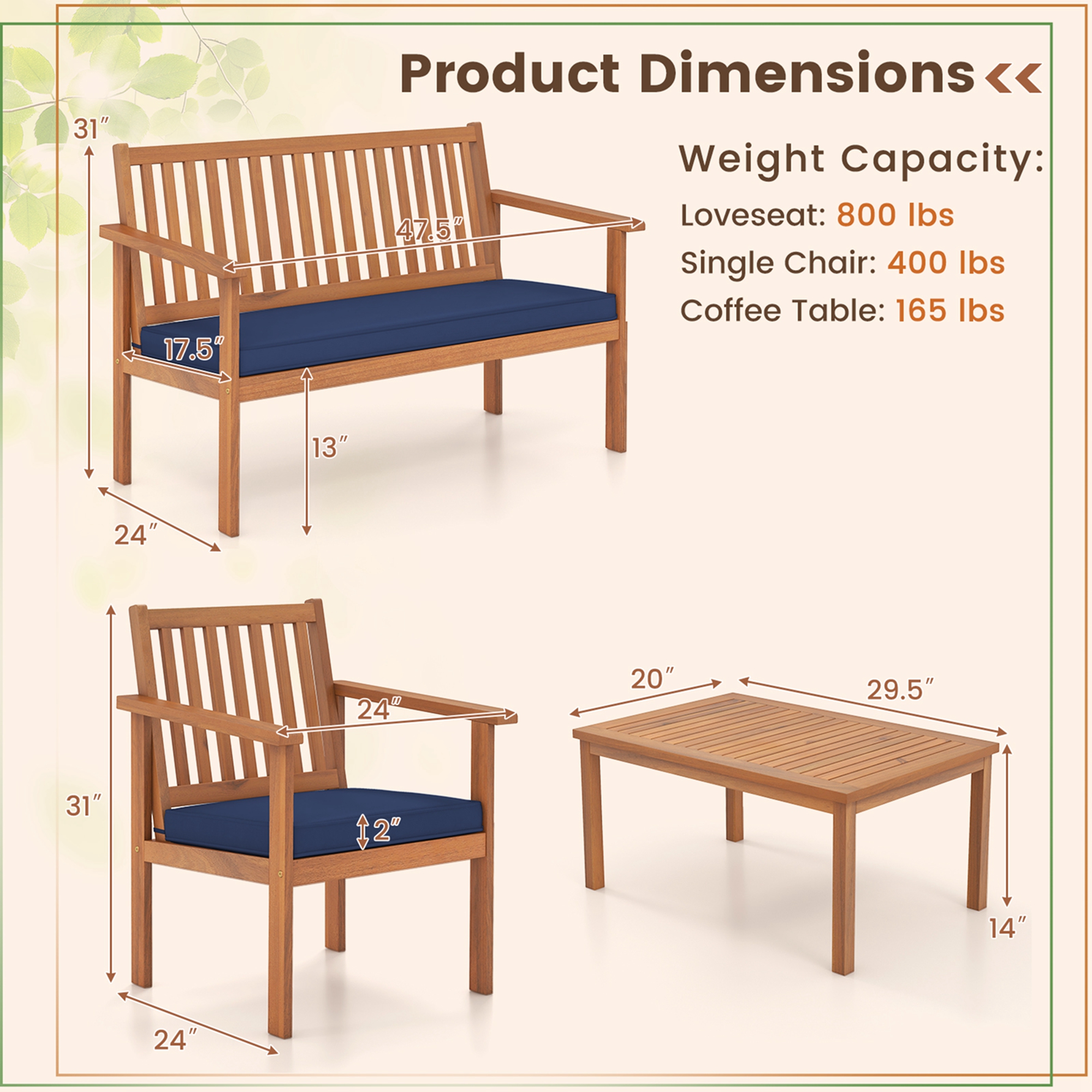 Costway 4 PCS Patio Wood Furniture Set with Loveseat, 2 Chairs & Coffee Table for Porch Navy - image 3 of 10
