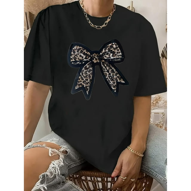 Women's Vintage Crew Neck T-Shirt, 100% Polyester Knit Fabric, Geometric Leopard Print Bow, Short Sleeve Summer Top