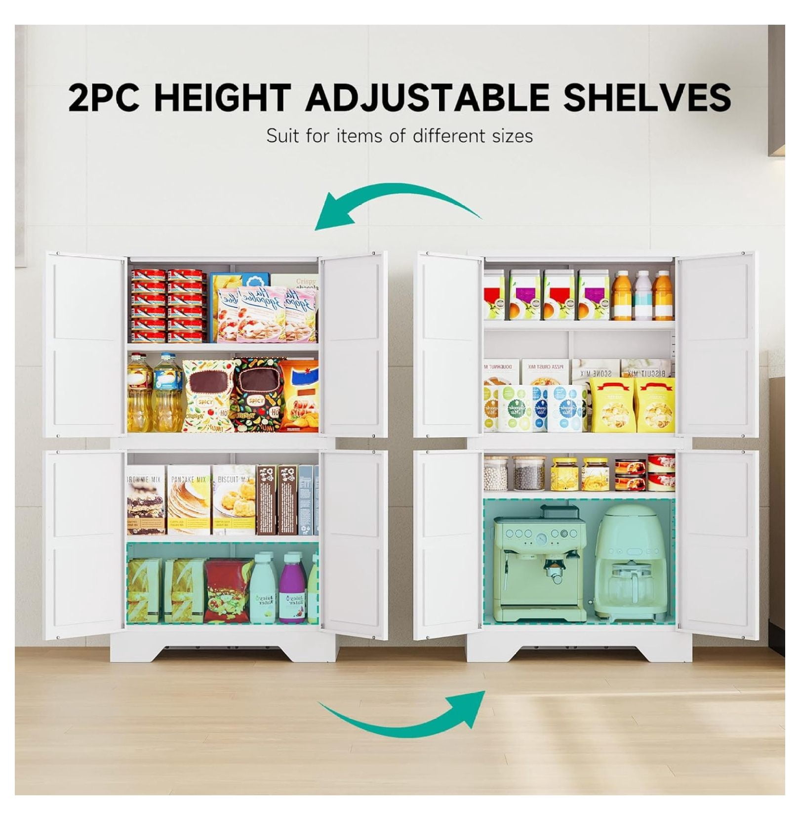 White Storage Cabinet with 4 Doors and 2 Adjustable Shelves,Farmhouse Food Pantry Cabinets,Small Bathroom Cabinet,4 Tier Metal Storage Cabinets for Home Kitchen,Dining/Living/Laundry/Room