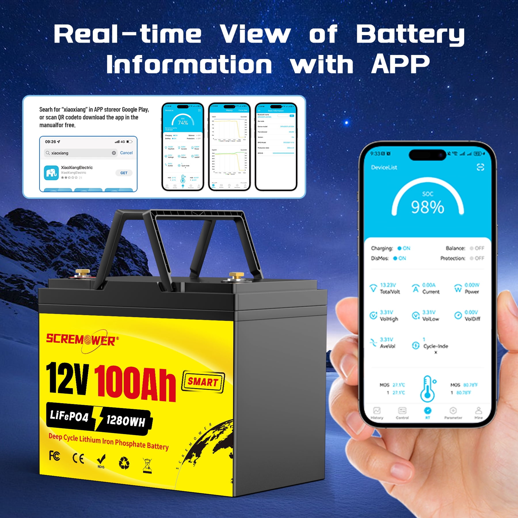 12V 100Ah LiFePO4 Battery Bluetooth, 100A BMS Low-Temp Protection Deep Cycles Mini Lithium Batteries for RVs, Golf Cart, Home Energy Storage, Boats and Marine