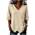 thumbnail image 2 of Qulqfy Cotton Linen Boho Tops for Women Fall 3/4 Sleeve Solid Casual Beige Tie Asymmetrical Hem Button V-Neck Fashion Outfits L, 2 of 6