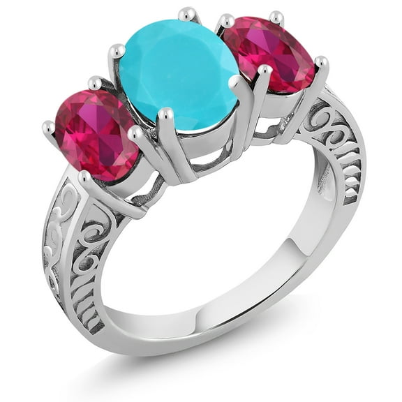 Gem Stone King 3.20 Cttw Oval Green Turquoise and Red Created Ruby 3-Stone Ring for Women | 925 Sterling Silver | Oval 9X7MM and 7X5MM (Size 7)