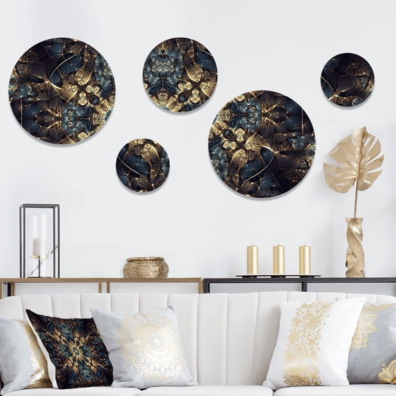 Designart "Fractal Odyssey Blue and Gold I" Abstract Fractal Metal Wall Art Set of 5 Piece