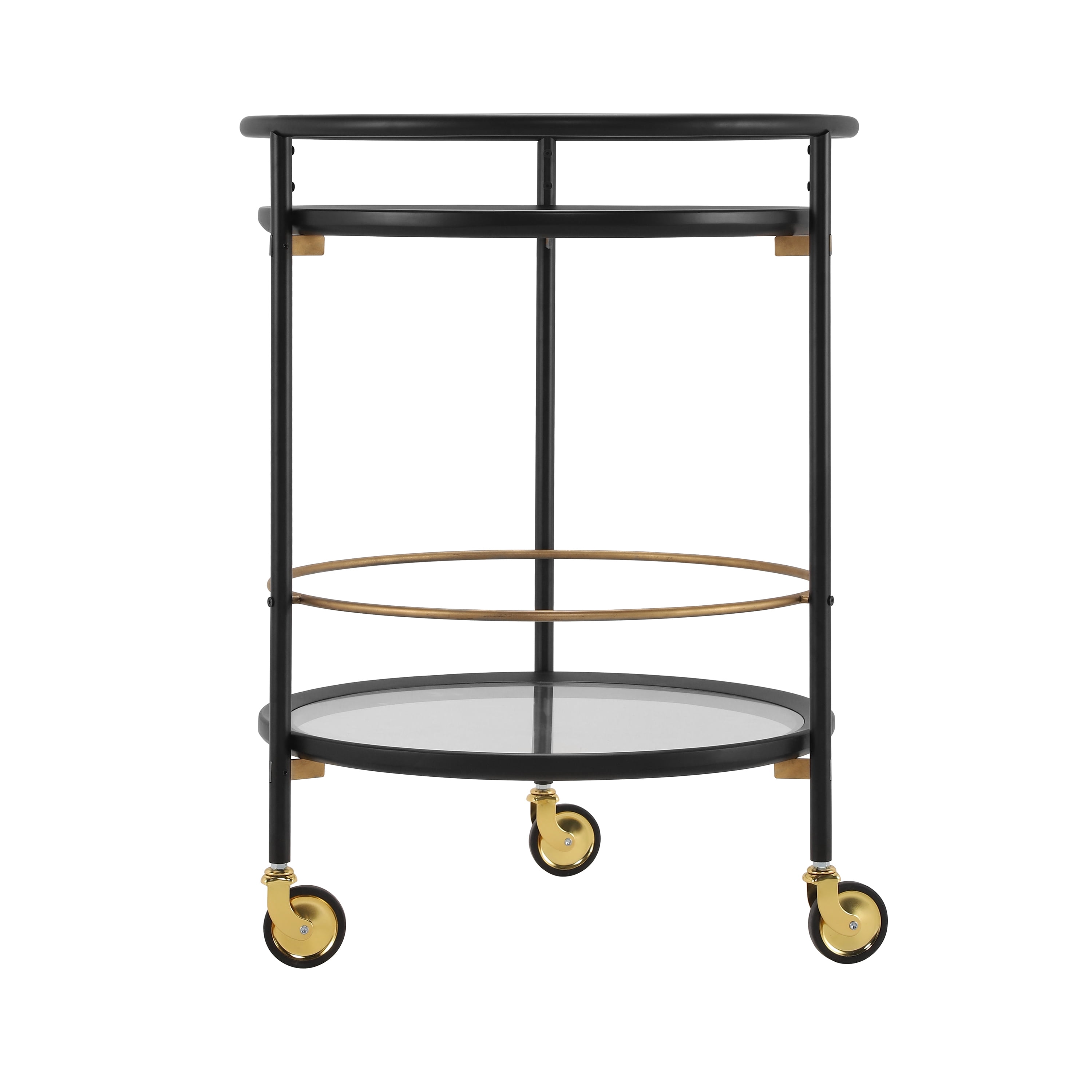 Round Bar Cart with Tempered Glass Shelves and Gold Accents