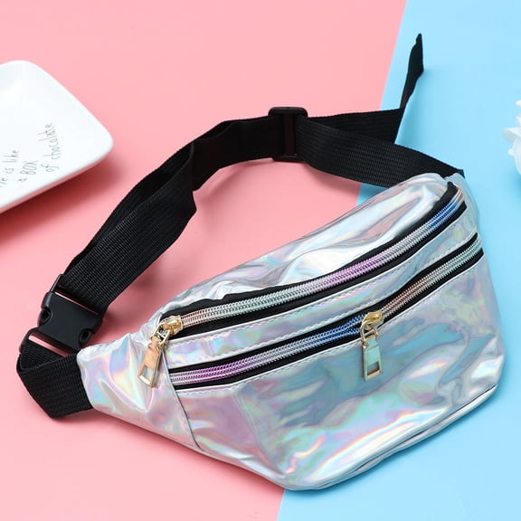 GOOHOCHY Shiny Holographic Waist Bag Made of Durable Patent Leather and for Outdoor Use Silver Adjustable Size Fits Most