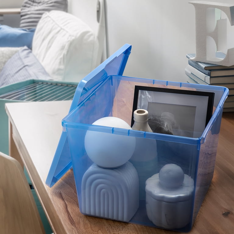 Mainstays Large Plastic Stacking Storage Bin with Snap Lid, Blue