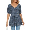 thumbnail image 1 of Camiseta de verano con cuello en V para mujer, cintura elástica, manga corta, estampado floral, dobladillo suelto, 1 of 6