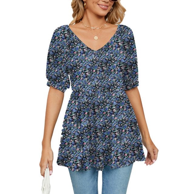 Camiseta de verano con cuello en V para mujer, cintura elástica, manga corta, estampado floral, dobladillo suelto